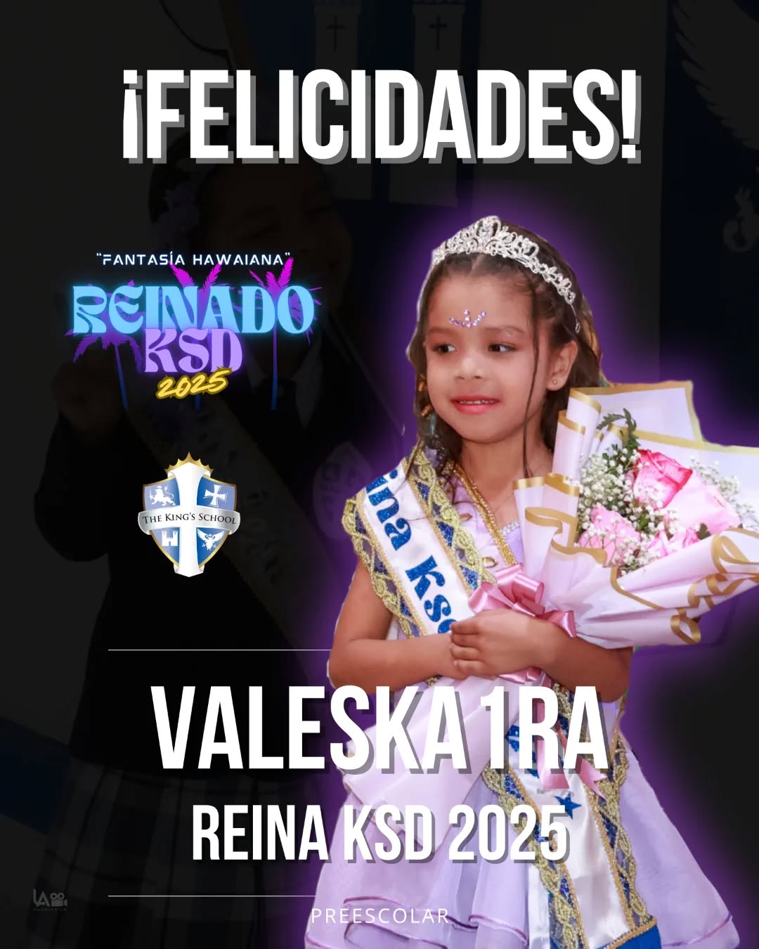 Felicidades a la Nueva Reina de Preescolar KSD 2025 S.R.M. Valeska Romina✨👑
de parte de la Organización encargada del evento, de todo el equipo de trabajo y la Familia The King's School David💙🤍💛 Que su reinado sea para no olvidar!