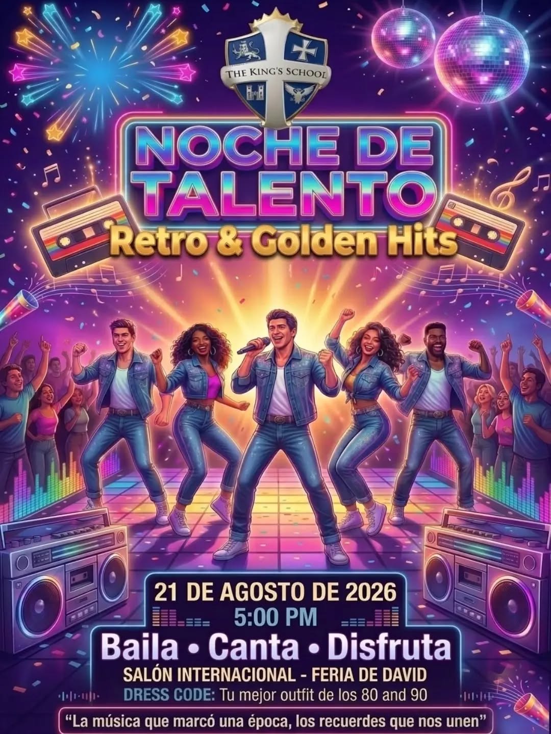 ✨ ¡Estás cordialmente invitado(a)! ✨
Acompáñanos a vivir una noche llena de talento, elegancia y momentos inolvidables en nuestra Gala Retro & Golden Hits. 🕺🏽🌟
Será una velada especial para celebrar el esfuerzo, la creatividad y los logros de nuestros estudiantes. ¡Ven con tu familia y amigos a disfrutar de una experiencia única!
📅 Fecha: Viernes 21 de agosto del 2026
🕒 Hora: 5:00 PM
📍 Lugar: Salón Internacional en la Feria de David
Cintillos Disponibles en nuestras oficinas. 🔊
¡No te lo pierdas! Te esperamos para compartir una noche llena de emociones y grandes recuerdos.🪩