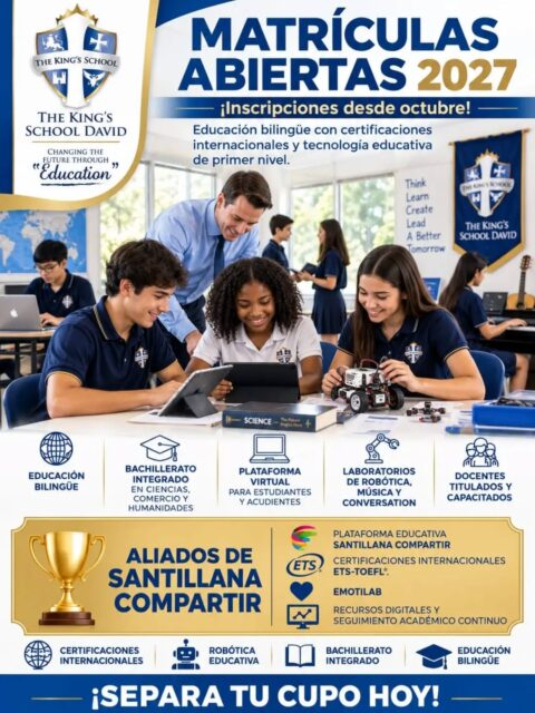 Nuestras matriculas 2027 ya están abiertas.
Para mayor información pueden comunicarse al 6204-3114 o al 779-0690
Oficinas abiertas en horario de 7am a 3pm
No dejes pasar estar oportunidad y forma parte de The King's School David👩🏻🎓🧑🏾🎓👨🏼🎓